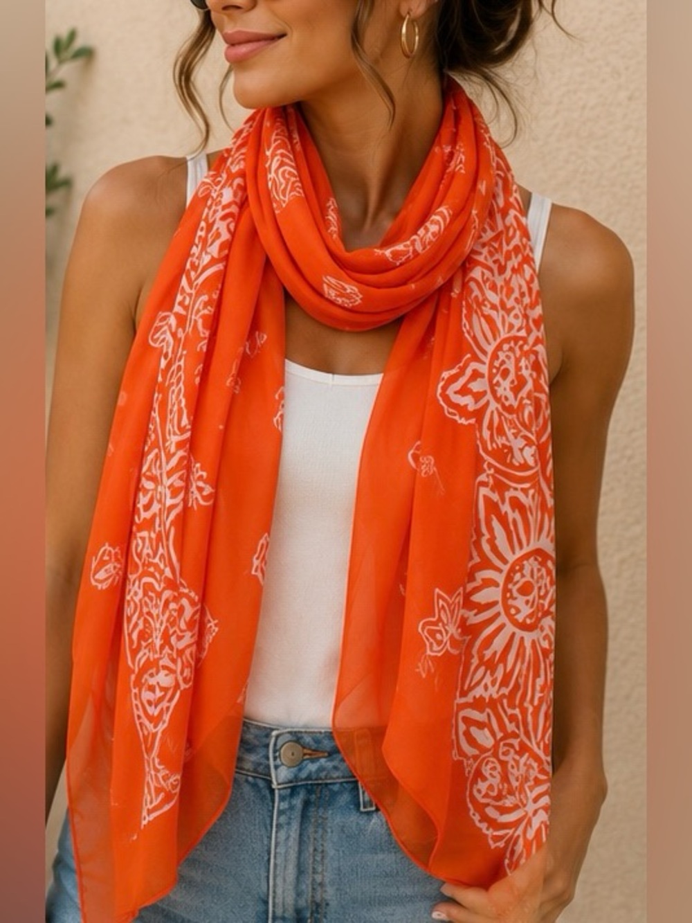 Estée Lauder Orange Floral Paisley Oversized Scarf Wrap Shawl